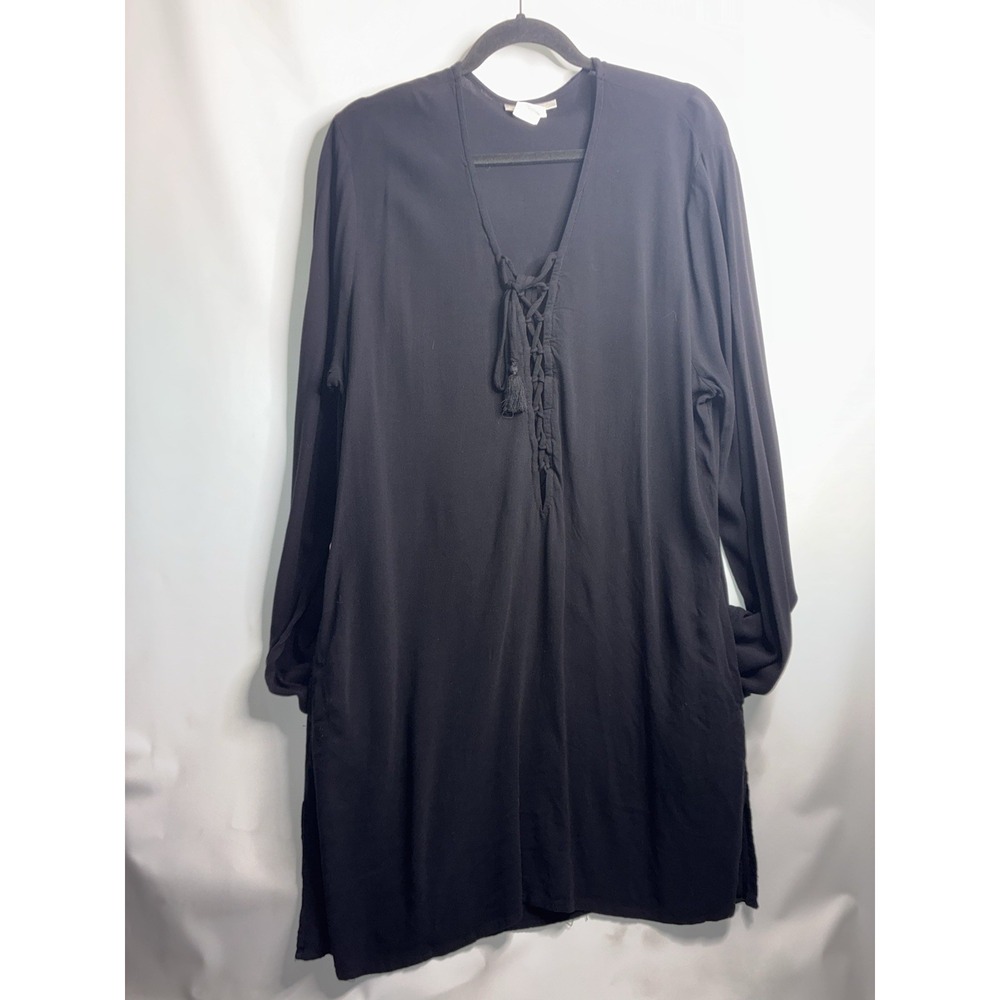 La Blanca Tunic Swim Cover-up Size XL Black V Neck Cross Lace Up Long Sleeve